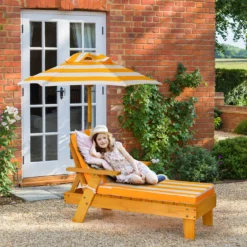 2er Set Kinder Sonnenliege mit Sonnenschirm Kinderliege Holz 92 x 49 x 106 cm Gelb + Weiß