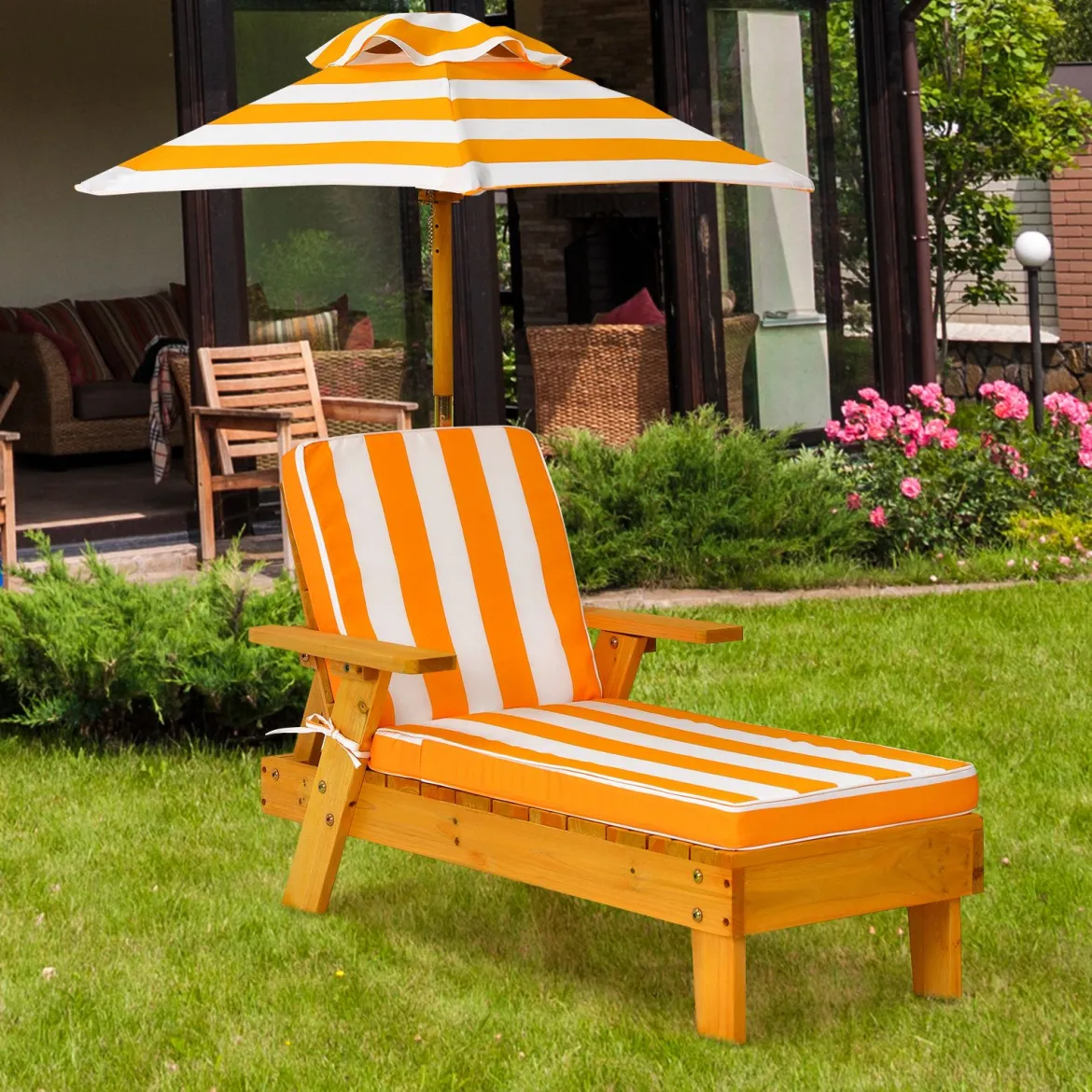 2er Set Kinder Sonnenliege mit Sonnenschirm Kinderliege Holz 92 x 49 x 106 cm Gelb + Weiß