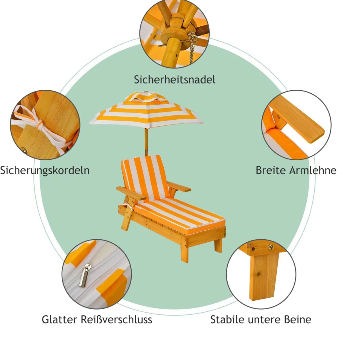 2er Set Kinder Sonnenliege mit Sonnenschirm Kinderliege Holz 92 x 49 x 106 cm Gelb + Weiß