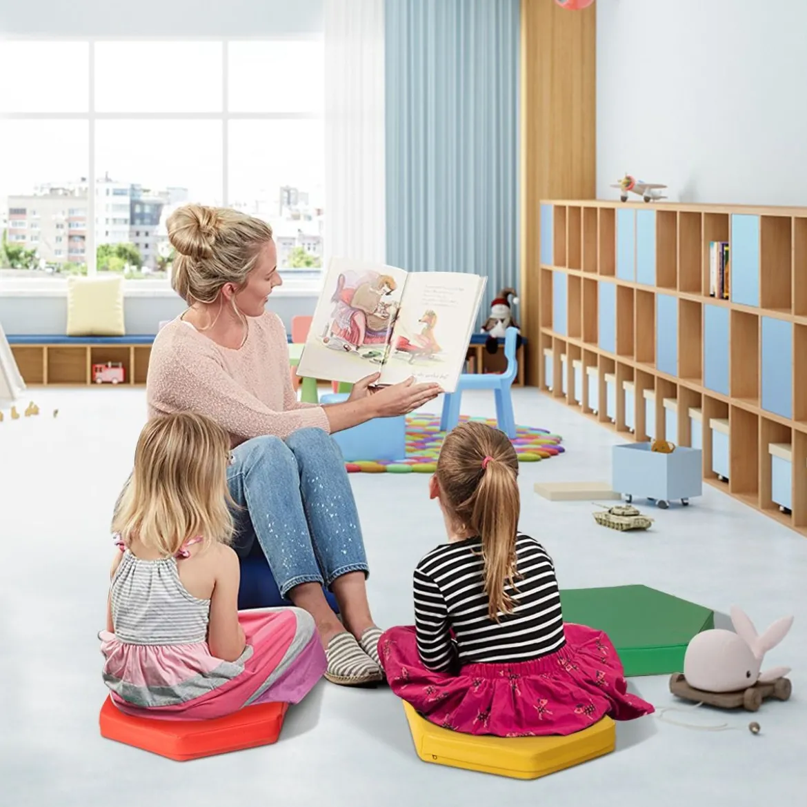 6er Set Kinder Stuhlkissen mit Griff & Reißverschluss Sitzkissen Sitzerhöhung Hauptkissen Bunt/Blau