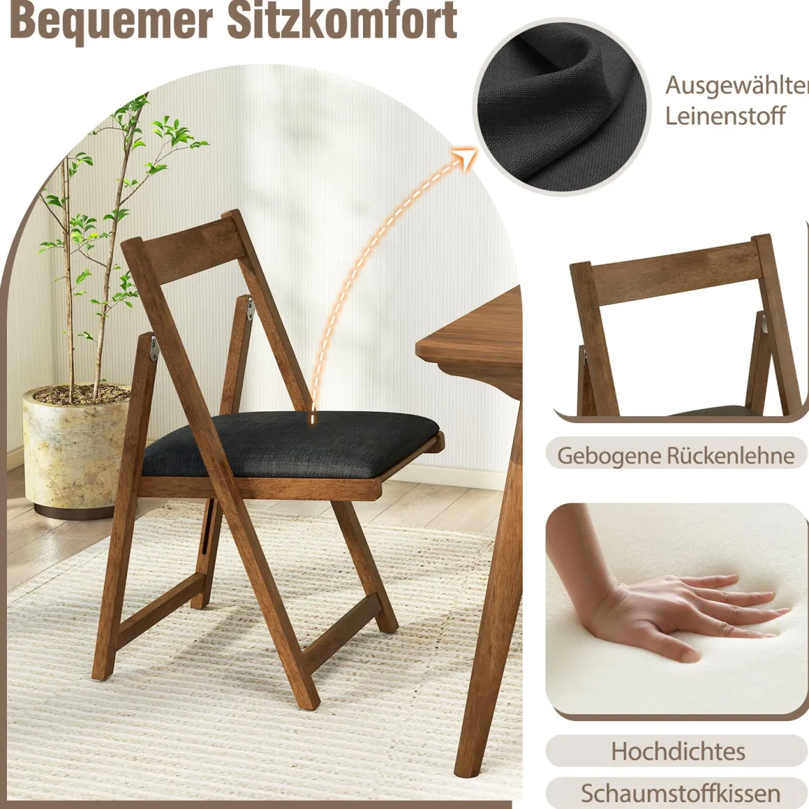 2er Set Klappbare Esszimmerstühle Küchenstühle mit Gebogenem Rückenlehne Polsterstuhl 150kg Belastbar