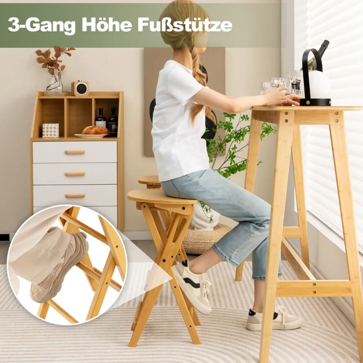 2er Set Klappbarer Barhocker aus Bambus mit Fußstütze Sitzhöhe 61 cm Natur