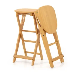 2er Set Klappbarer Barhocker aus Bambus mit Fußstütze Sitzhöhe 61 cm Natur