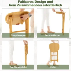 2er Set Klappbarer Barhocker aus Bambus mit Fußstütze Sitzhöhe 61 cm Natur