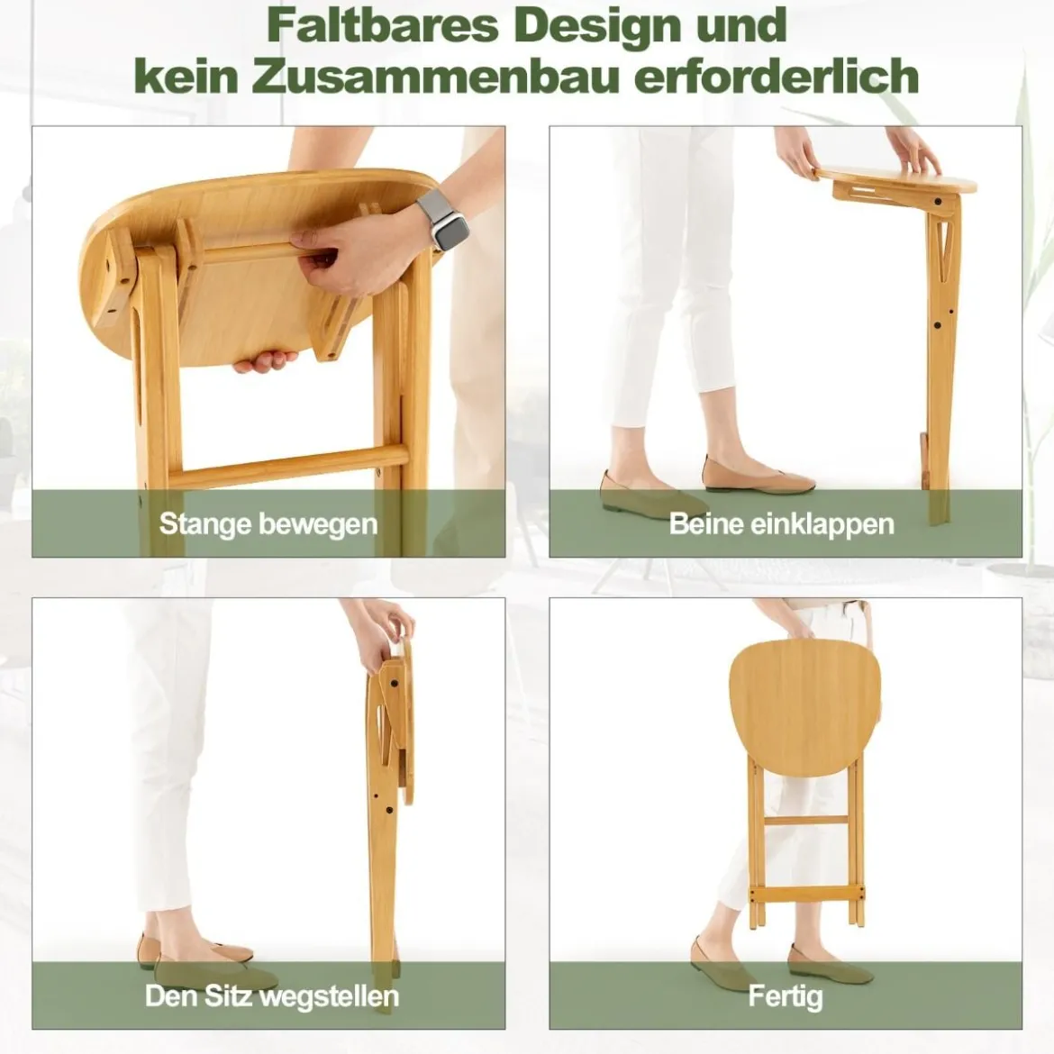 2er Set Klappbarer Barhocker aus Bambus mit Fußstütze Sitzhöhe 61 cm Natur