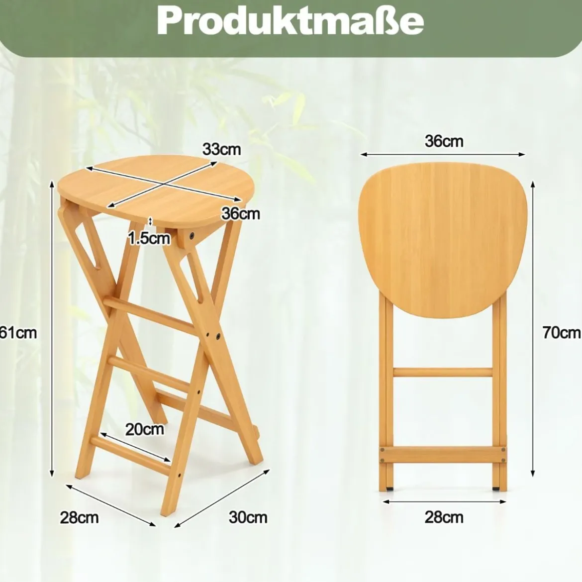 2er Set Klappbarer Barhocker aus Bambus mit Fußstütze Sitzhöhe 61 cm Natur