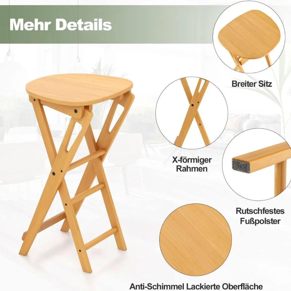 2er Set Klappbarer Barhocker aus Bambus mit Fußstütze Sitzhöhe 61 cm Natur