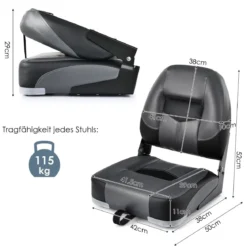 2er Set Klappbarer Bootssitz mit 11 cm Dicker Schwammpolsterung Gepolsterter Steuerstuhl Schwarz