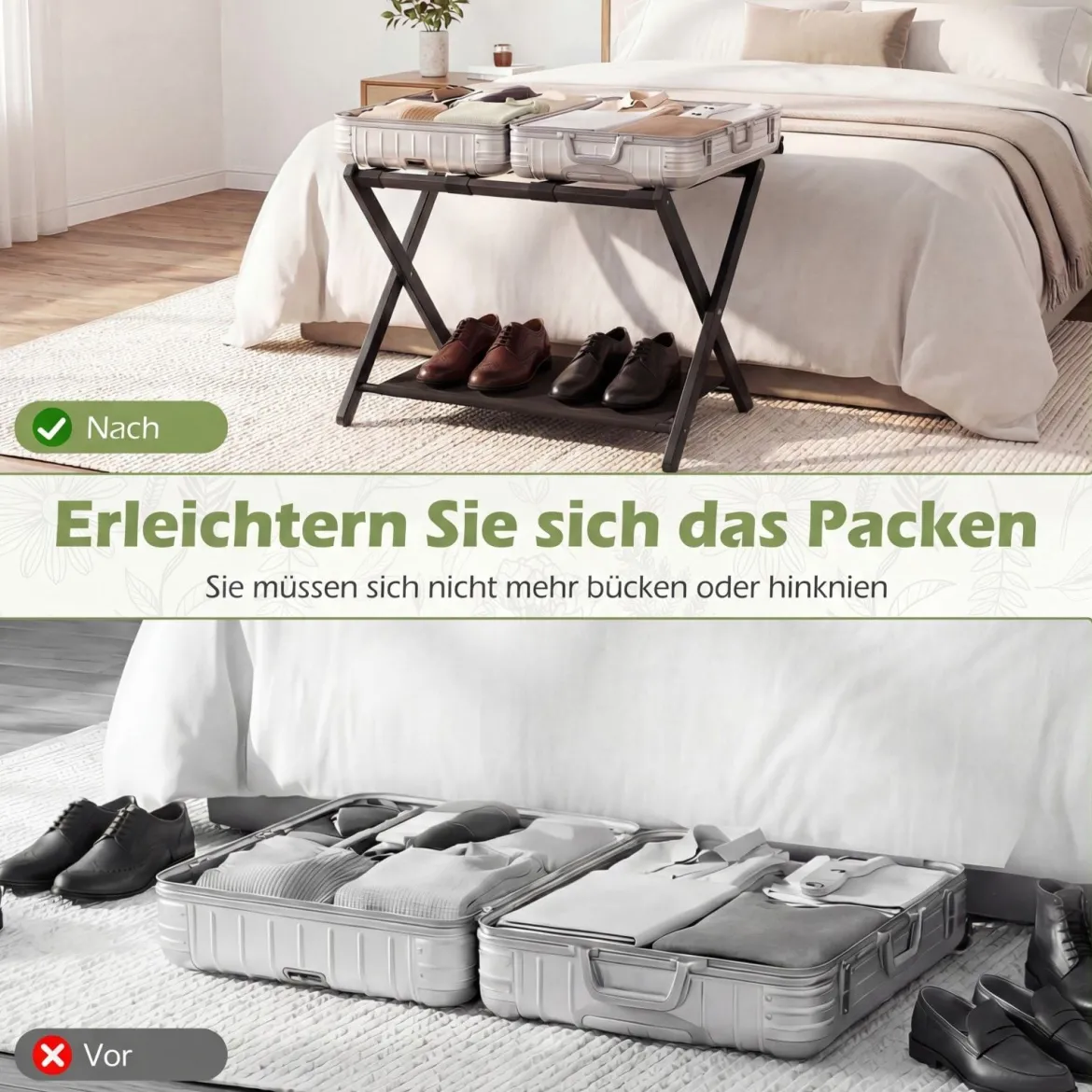 2er Set Klappbarer Kofferständer mit Nylonriemen & Oxford-Stoff Ablagen Gepäckablage Schwarz