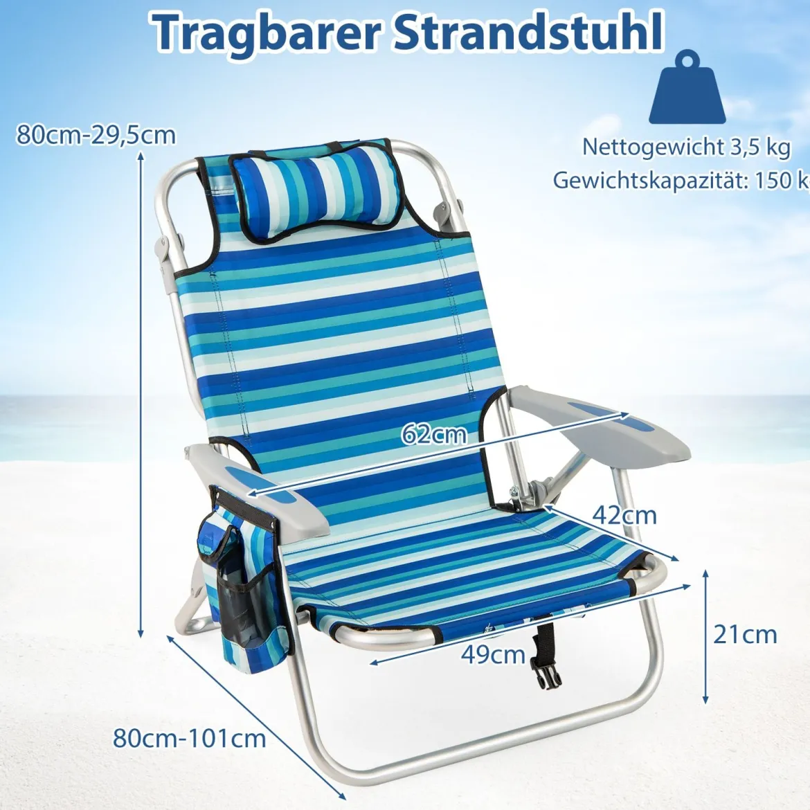 2er Set Klappbarer Strandstuhl mit Verstellbarer Rückenlehne & Kühltasche Campingstuhl