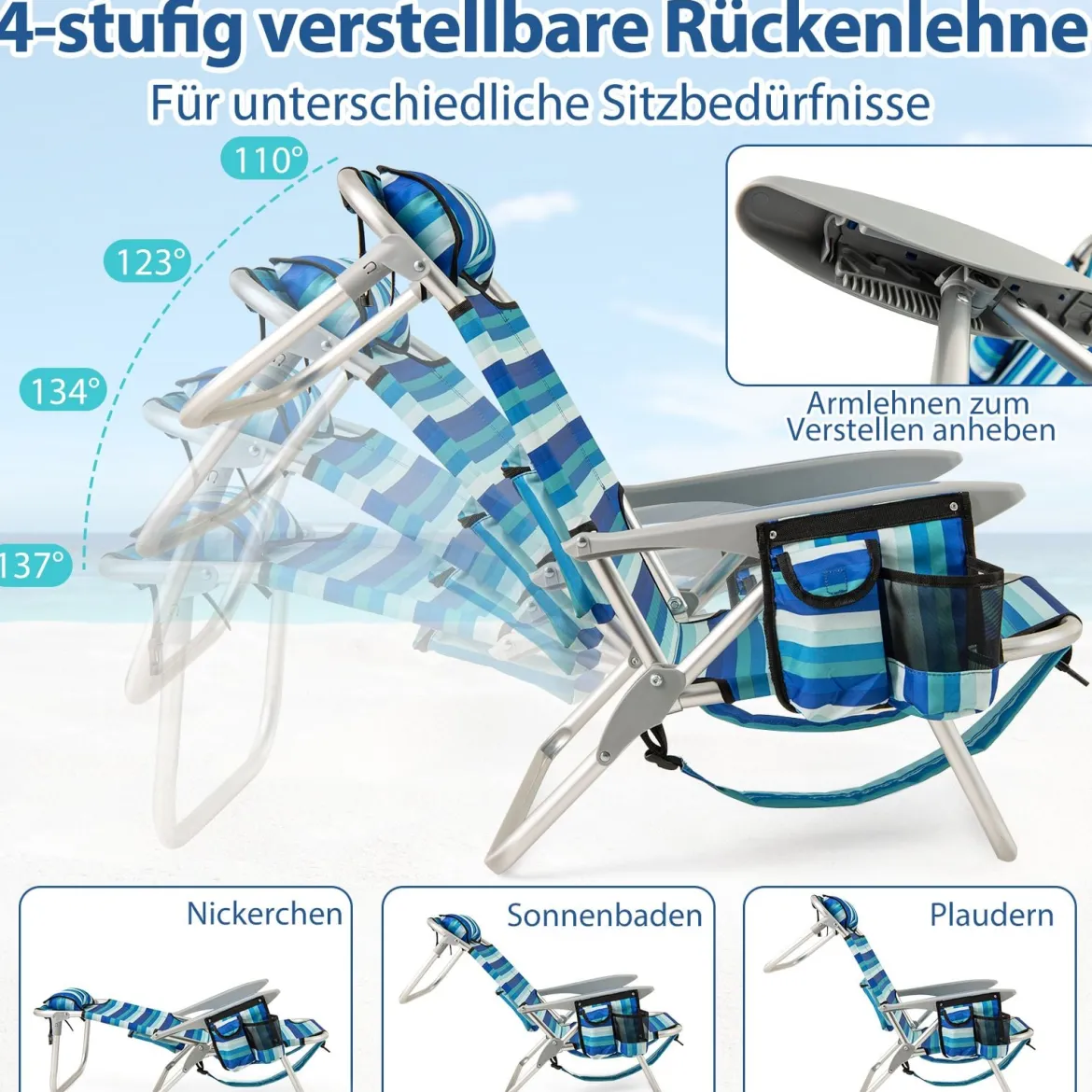 2er Set Klappbarer Strandstuhl mit Verstellbarer Rückenlehne & Kühltasche Campingstuhl