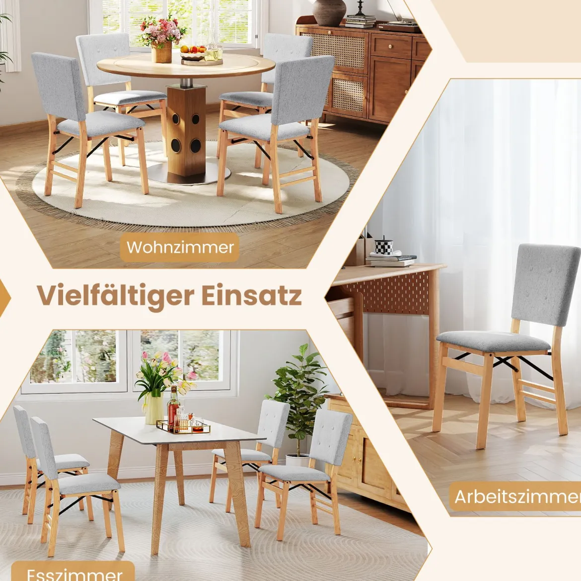 2er Set Klappbares Esszimmerstuhl armlehnlose Küchenstühle mit gepolstertem Sitz Grau