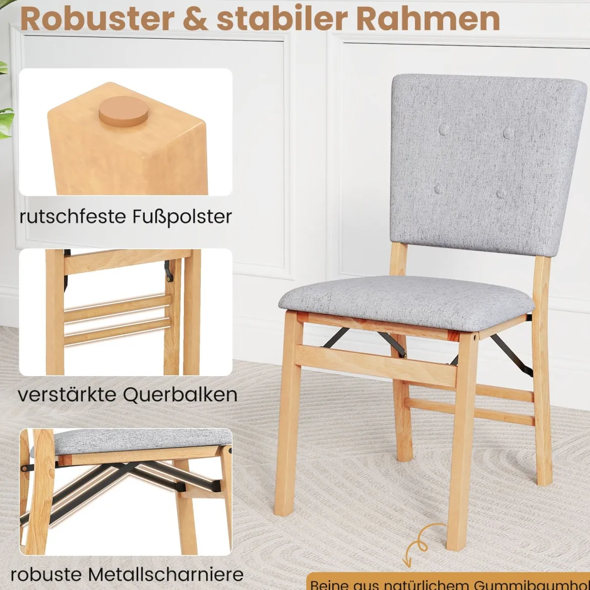 2er Set Klappbares Esszimmerstuhl armlehnlose Küchenstühle mit gepolstertem Sitz Grau