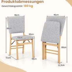 2er Set Klappbares Esszimmerstuhl armlehnlose Küchenstühle mit gepolstertem Sitz Grau