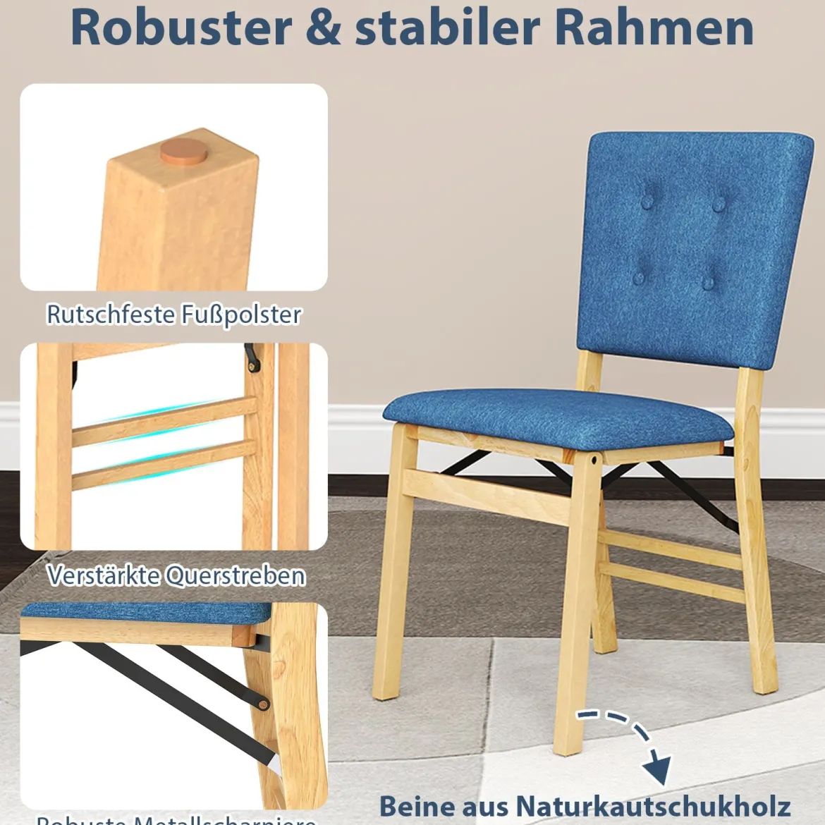 2er Set Klappbares Esszimmerstuhl armlehnlose Küchenstühle mit gepolstertem Sitz Blau