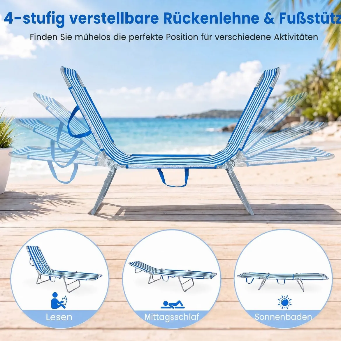 2er Set Klappbare Sonnenliege mit 4-fach Verstellbare Rückenlehne Wetterfest bis 150 kg Belastbar Blau