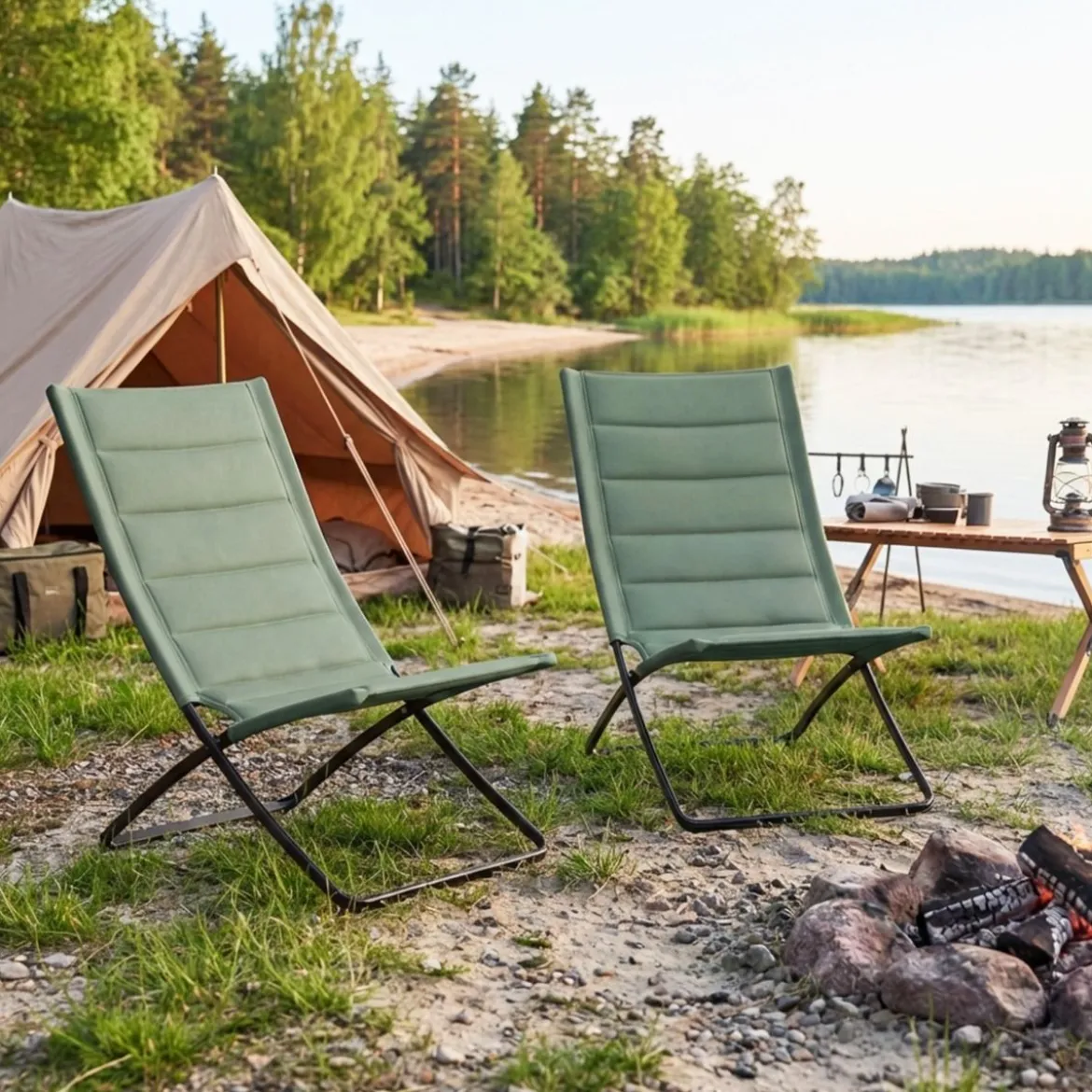 2er Set Klappbare Strandstühle mit Gepolsterten Rückenlehnen & Sitzen Faltbare Campingstühle Grün