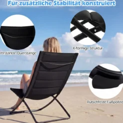 2er Set Klappbare Strandstühle mit Gepolsterten Rückenlehnen & Sitzen Faltbare Campingstühle Schwarz