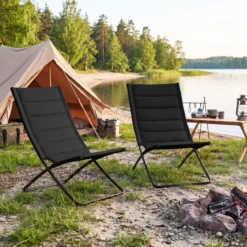 2er Set Klappbare Strandstühle mit Gepolsterten Rückenlehnen & Sitzen Faltbare Campingstühle Schwarz