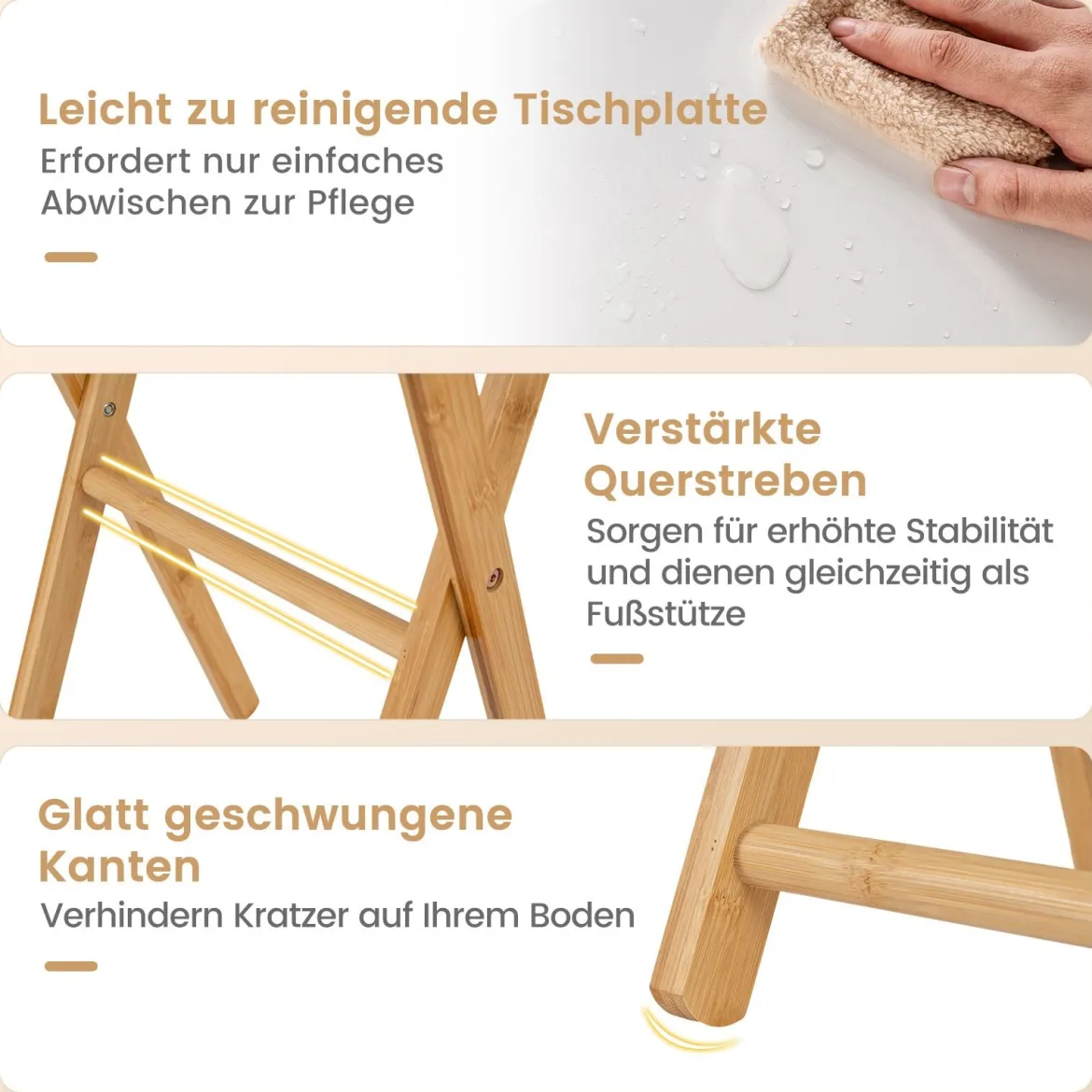 2er Set Klappbare TV Tabletts aus Bambus Tragbarer Beistelltisch Esstisch Weiß + Natur