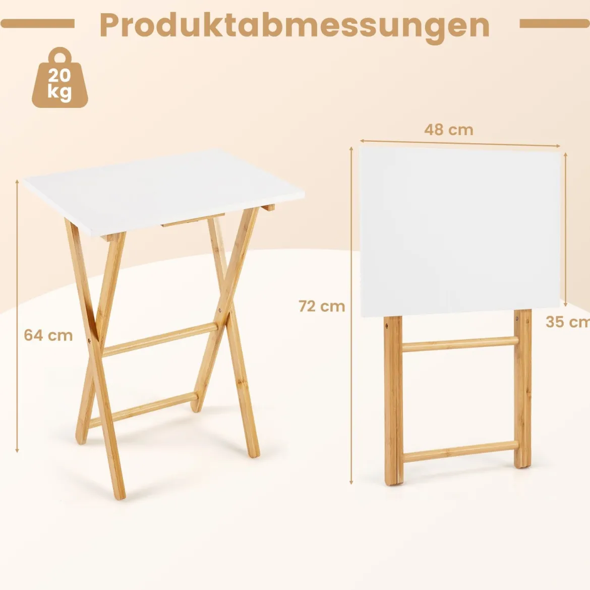 2er Set Klappbare TV Tabletts aus Bambus Tragbarer Beistelltisch Esstisch Weiß + Natur