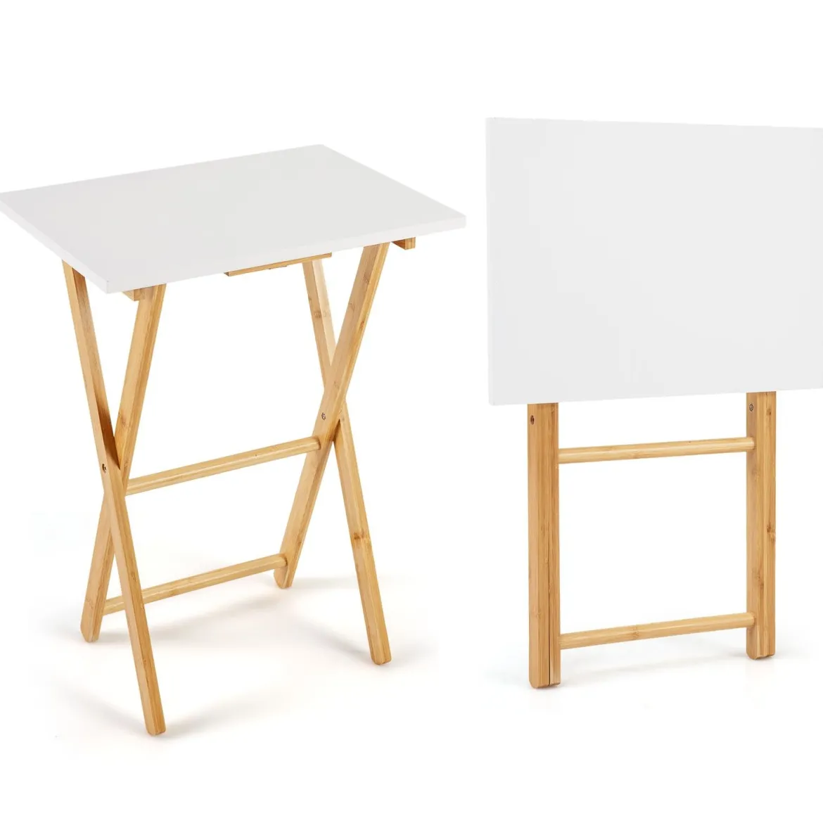 2er Set Klappbare TV Tabletts aus Bambus Tragbarer Beistelltisch Esstisch Weiß + Natur