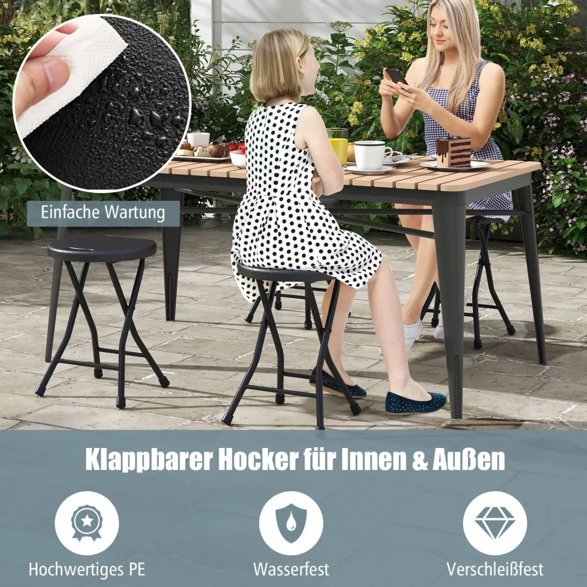 2er Set Klapphocker klappbarer Hocker mit Tragegriff, 150 kg Tragkraft für Küche Garten Schwarz