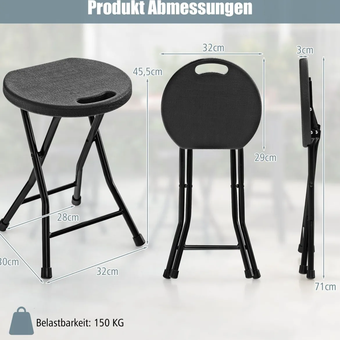 2er Set Klapphocker klappbarer Hocker mit Tragegriff, 150 kg Tragkraft für Küche Garten Schwarz