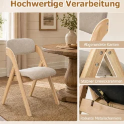 2er Set Klappstühle aus Holz mit Gepolsterter Sitzfläche & Atmungsaktiven Leinenkissen 61 x 53 x 81 cm