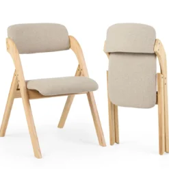 2er Set Klappstühle aus Holz mit Gepolsterter Sitzfläche & Atmungsaktiven Leinenkissen 61 x 53 x 81 cm