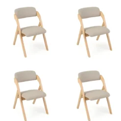 4er Set Klappstühle aus Holz mit Gepolsterter Sitzfläche & Atmungsaktiven Leinenkissen 61 x 53 x 81 cm