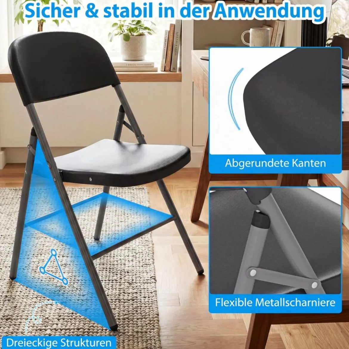 6er Set Klappstühle aus Metall & Kunsttoff Faltstuhl mit 150 kg Tragfähigkeit Gaststühle Grau