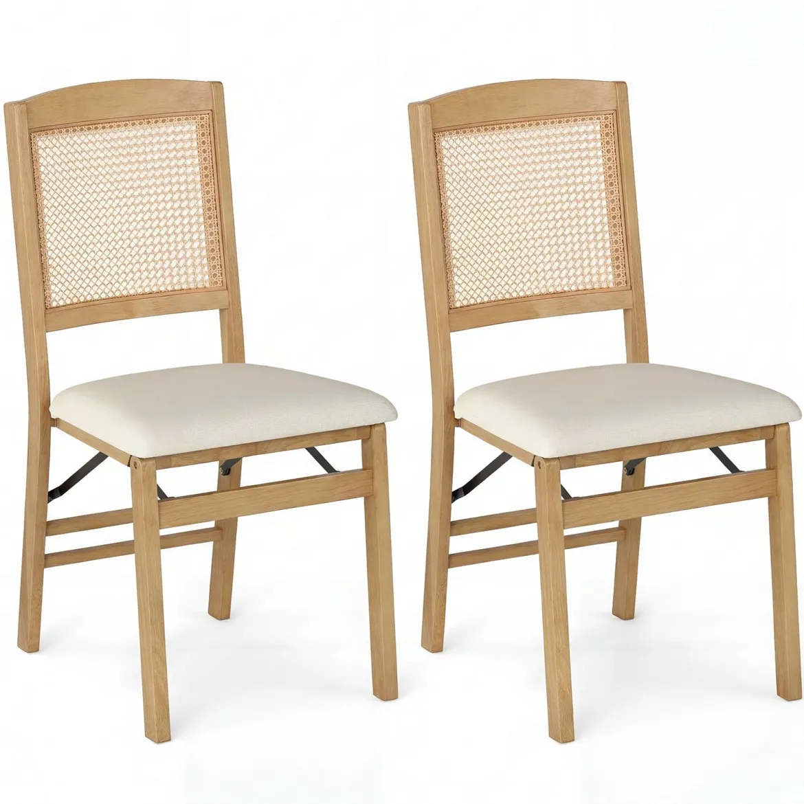 2er Set Klappstühle Esszimmerstühle mit Rattan-Rückenlehne Gepolsterten Sitzen & Holzrahmen Natur