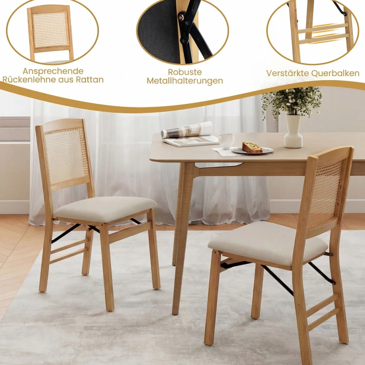 2er Set Klappstühle Esszimmerstühle mit Rattan-Rückenlehne Gepolsterten Sitzen & Holzrahmen Natur