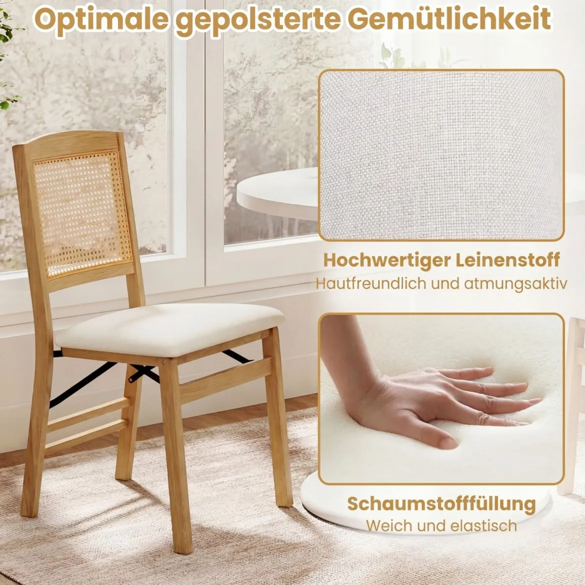 2er Set Klappstühle Esszimmerstühle mit Rattan-Rückenlehne Gepolsterten Sitzen & Holzrahmen Natur