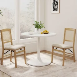 2er Set Klappstühle Esszimmerstühle mit Rattan-Rückenlehne Gepolsterten Sitzen & Holzrahmen Natur