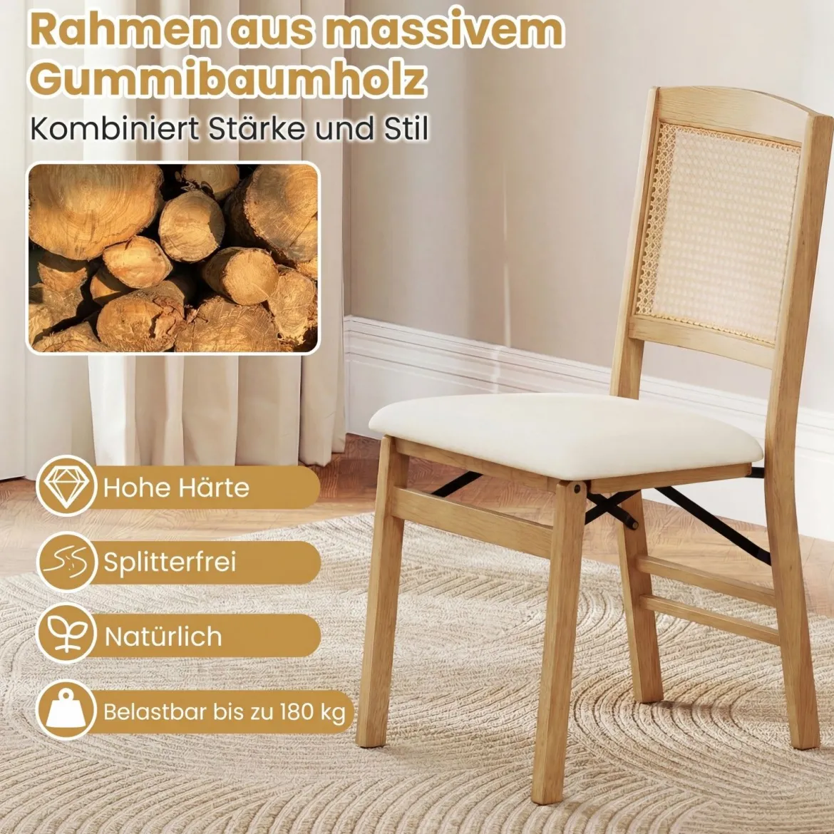 2er Set Klappstühle Esszimmerstühle mit Rattan-Rückenlehne Gepolsterten Sitzen & Holzrahmen Natur