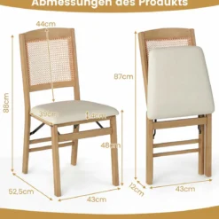 2er Set Klappstühle Esszimmerstühle mit Rattan-Rückenlehne Gepolsterten Sitzen & Holzrahmen Natur