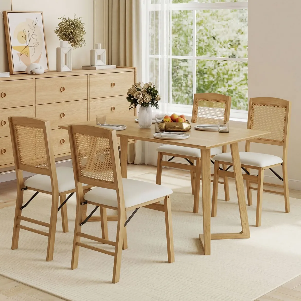 2er Set Klappstühle Esszimmerstühle mit Rattan-Rückenlehne Gepolsterten Sitzen & Holzrahmen Natur