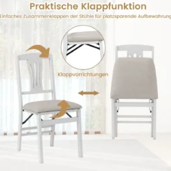 2er-Set Klappstühle mit Gepolsterte Sitzen & Gummibaumholzrahmen Esszimmerstühle Beige + Weiß