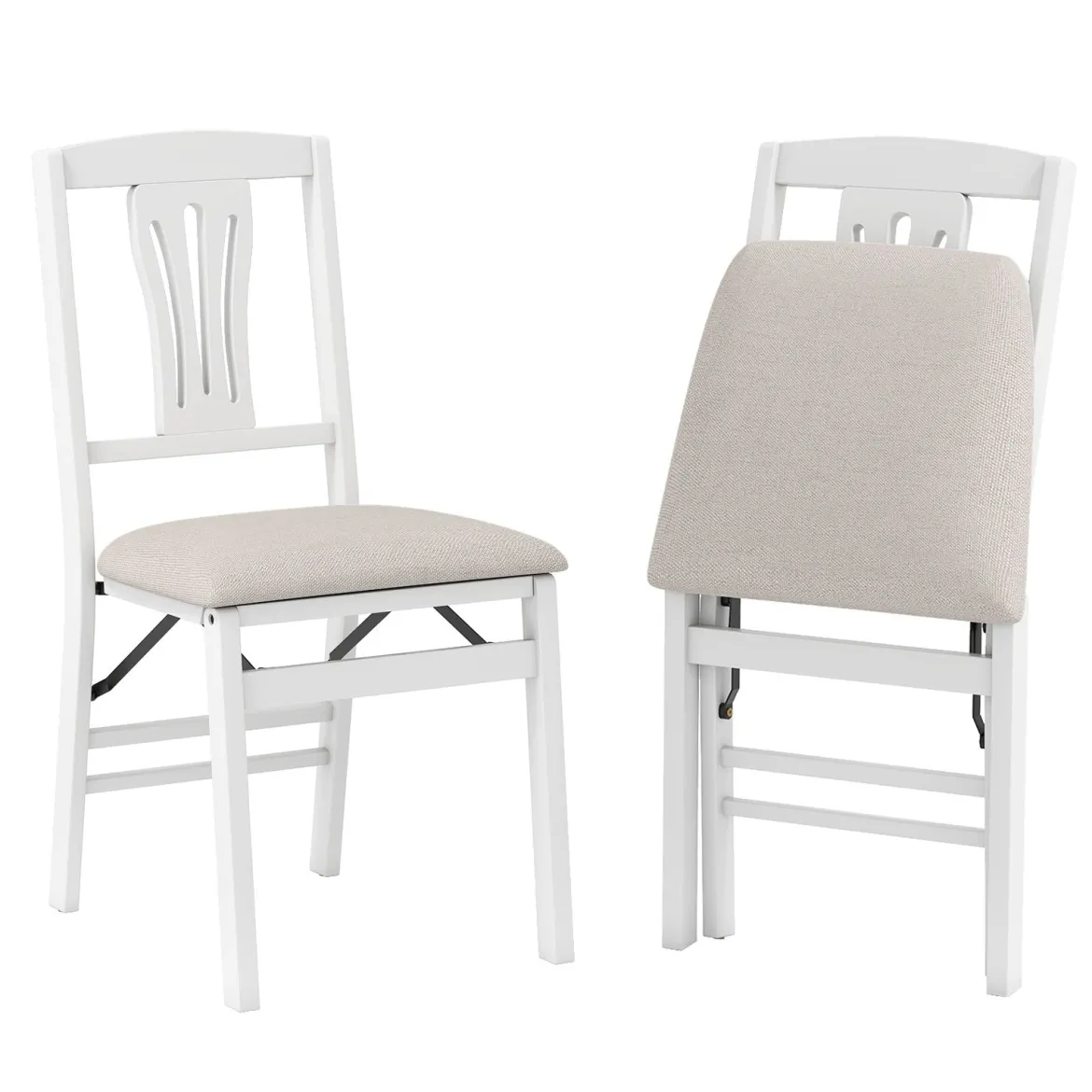 2er-Set Klappstühle mit Gepolsterte Sitzen & Gummibaumholzrahmen Esszimmerstühle Beige + Weiß