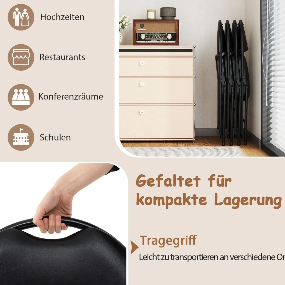 2er Set Klappstühle mit Metallrahmen Gepolsterter Gartenstuhl Kunstleder Klappbarer Campingstuhl