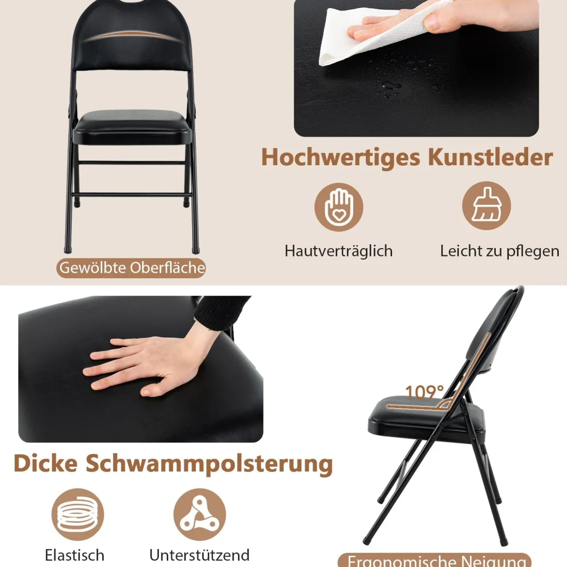 4er Set Klappstühle mit Metallrahmen Gepolsterter Gartenstuhl Kunstleder Klappbarer Campingstuhl
