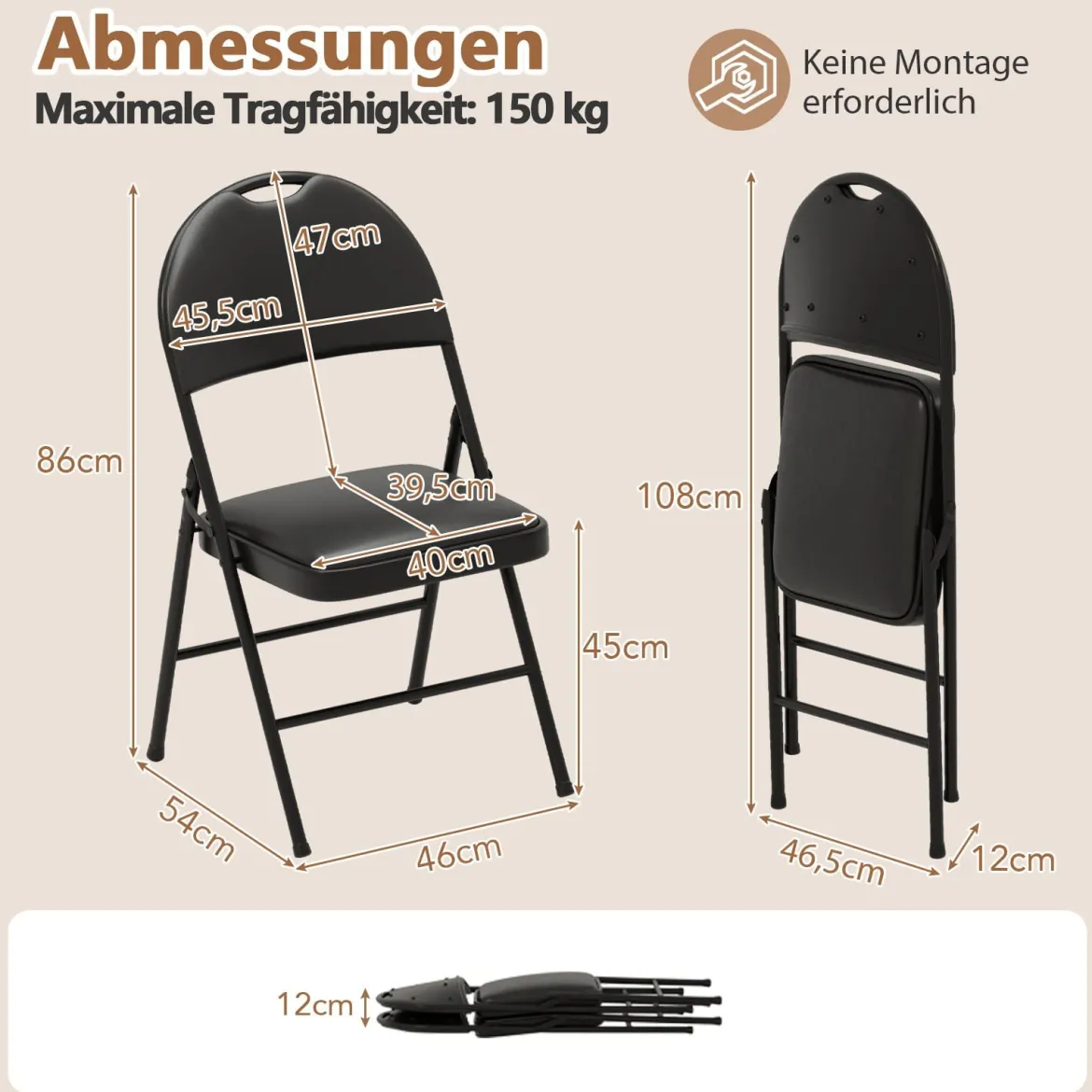 4er Set Klappstühle mit Metallrahmen Gepolsterter Gartenstuhl Kunstleder Klappbarer Campingstuhl