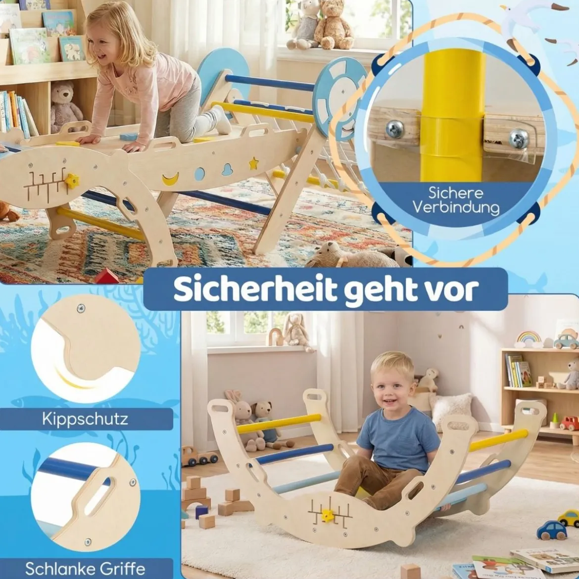 3er Set Klettergerüst Klappabres Kletterdreieck mit Rutsche & Kletterbogen Seefahrer Sprossendreieck