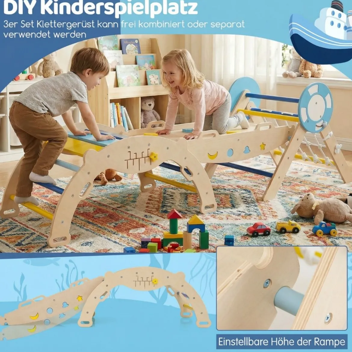 3er Set Klettergerüst Klappabres Kletterdreieck mit Rutsche & Kletterbogen Seefahrer Sprossendreieck