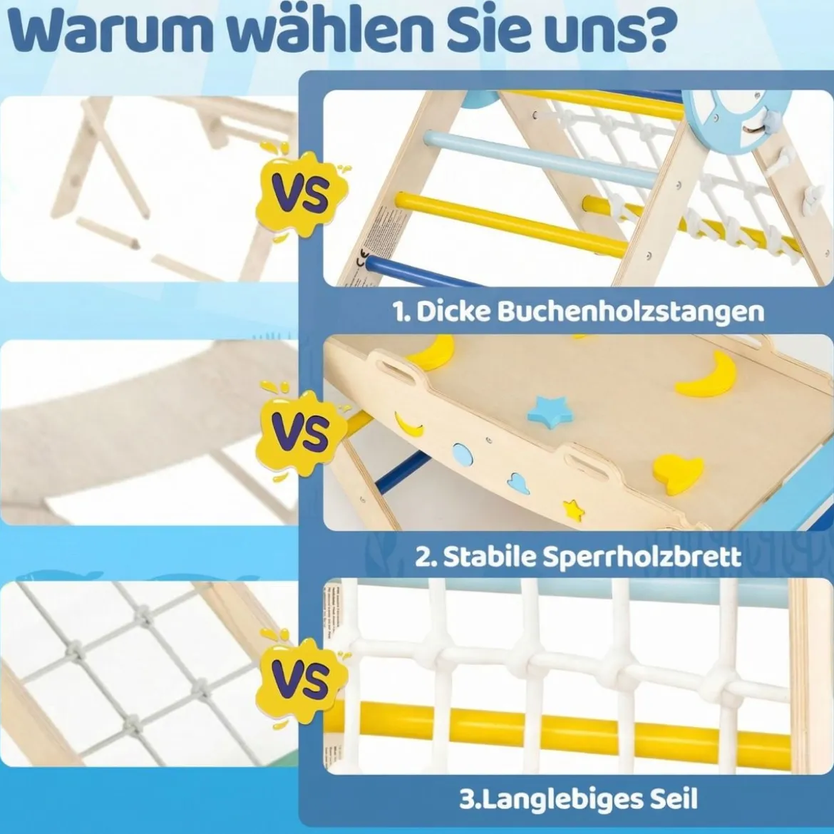 3er Set Klettergerüst Klappabres Kletterdreieck mit Rutsche & Kletterbogen Seefahrer Sprossendreieck