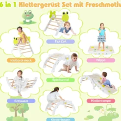 3er Set Klettergerüst mit Rutsche & Kletterbogen & Doppelseitige Rampe Kletterdreieck Weiß