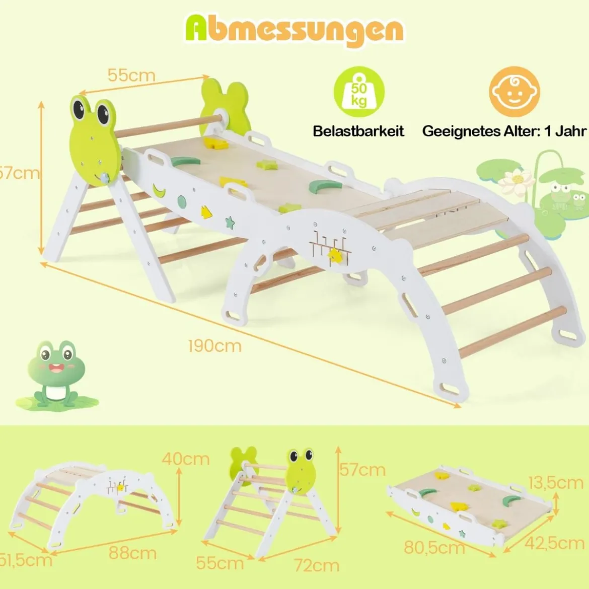 3er Set Klettergerüst mit Rutsche & Kletterbogen & Doppelseitige Rampe Kletterdreieck Weiß