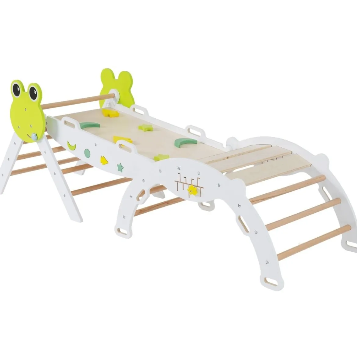 3er Set Klettergerüst mit Rutsche & Kletterbogen & Doppelseitige Rampe Kletterdreieck Weiß